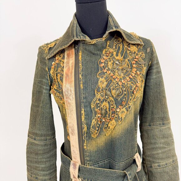 VINTAGE 90S ACID WASH SEQUIN DENIM TRENCH COAT JONINO - Picture 8 of 13